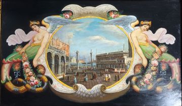 20th century framed Italian painting on wooden panel depicting Venice and mermaids [57.5x87cm]