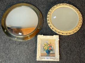 Two Vintage mirror and small framed oil painting; Brass framed convex mirror with stud finish,