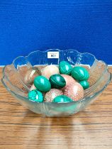 French Glass fruit bowl containing varying sized Malachite, agate and soapstone eggs.