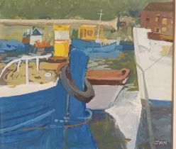 Jean M Millar Original Gouache medium titled 'Boats at Bowling' details to reverse side [Artwork-