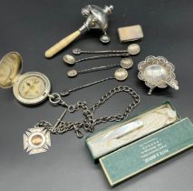 Selection of silver items and collectables; Birmingham silver baby rattle, small 925 silver snuff