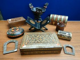 A Selection of ornate lidded boxes and collectables; small African bowl raised on trestle stand,