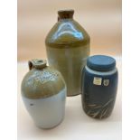 Two antique stone ware flagons and studio pottery lidded preserve; Stornoway pottery and H.