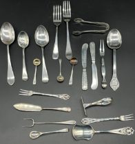 A Selection of mixed silver flatwares; Birmingham silver and enamel 'Baby' pusher, Import London