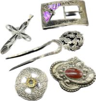 Selection of silver jewellery; Birmingham silver hair pin, Sterling silver 'Iona' Celtic brooch with