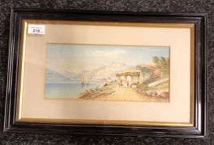 Framed watercolour depicting eastern river scape, unsigned. [29x45cm]