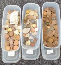 Three tubs of mixed world coins; British, Netherlands, Malta, Switzerland, Canada, Portugal,