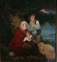 After Moreland, framed genre oil painting on canvas depicting a family and sheep [46.5x42.5cm]