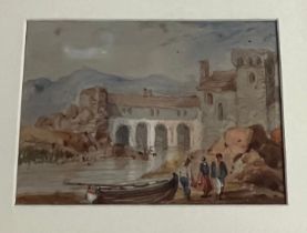 Very fine miniature watercolour of Italian scene with fishing boat in the foreground thought to be