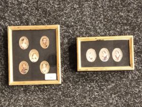 Two framed sets of early miniature paintings on glass depicting Queen Victoria and her immediate