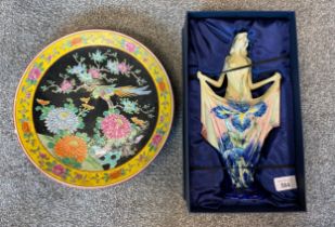 A large old tupton art deco themed lady figure along with Chinese bird scene plate [Plate as found]