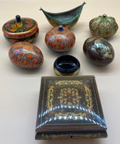 A Selection of paper mache lidded dishes and others; Indian brass two handle dish with green and