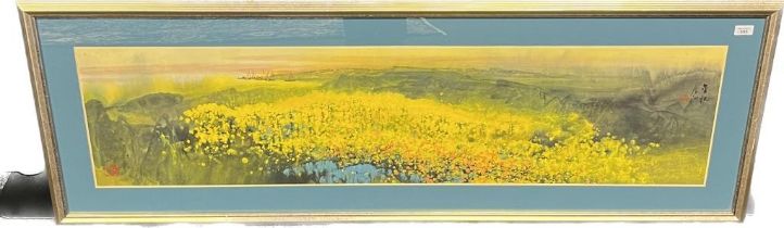 Large Japanese block painting, Depicting landscape. Fitted within a contemporary frame. [55.5x158cm]