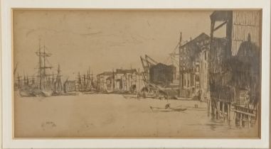 James Abbott McNeil Whistler Etching titled 'Free trade Wharf', C.1877. [Artwork 9.5x18.5cm]