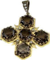 Victorian 14ct yellow gold pendant/ brooch; Fitted with five smokey quartz stones and small seed