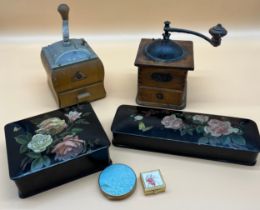 Two Vintage Coffee grinders and two ornate boxes; Paper Mache glove box and jewel box both