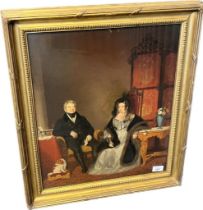 Scottish School- 19th century oil on canvas, portrait of a seated couple and dog. Fitted within a