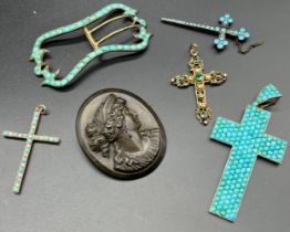 A Selection of Antique jewellery; Turquoise stone belt buckle, Two cross and turquoise stone
