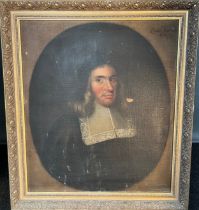 17th century oil painting on canvas depicting portrait of a gentleman; AETATIS SUAE:56 Dated 1662.