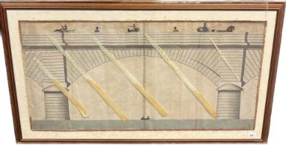 19th century pen and watercolour depicting a bridge. Fitted with hand coloured printed figures,