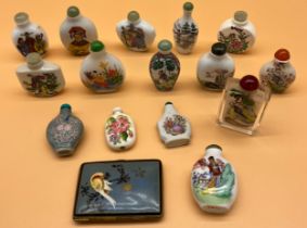 Collection of Chinese 20th century perfume/ snuff bottles; Glass hand painted bottle and cigarette