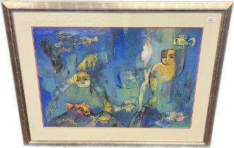 A Contemporary acrylic painting depicting figures and fish- signed by the artist. [Frame- 77x97cm]