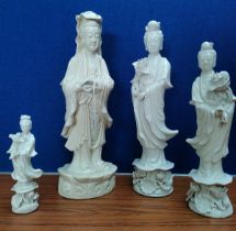 Four Varying sized Chinese Blanc de Chine figurines of goddess Guanyin- Late 19th / early 20th