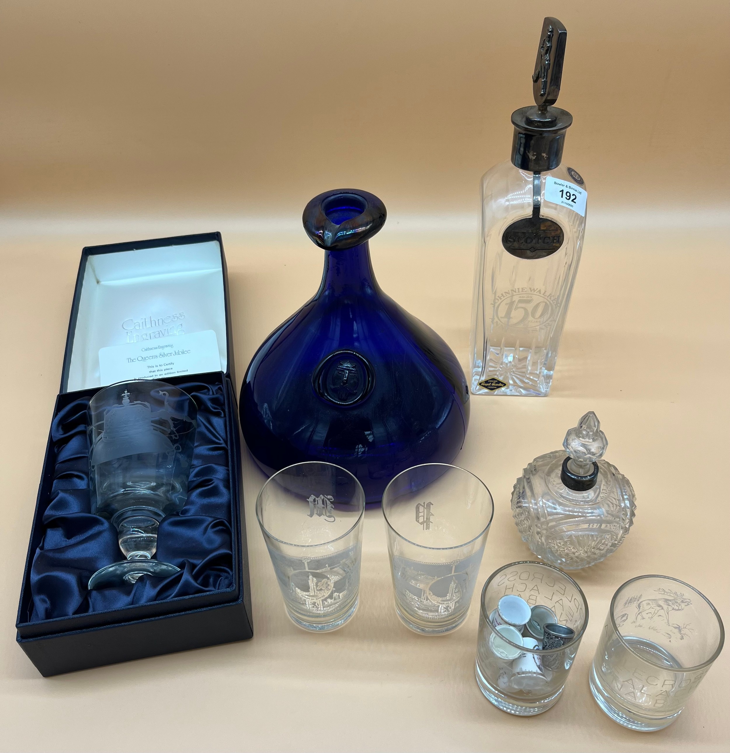 A Selection of art glass and collectables; Large Holmegaard Viking cobalt blue glass decanter,