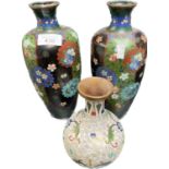 Three antique Chinese Cloisonné vases. [Two tall vases- as found- see images] [25cm tall]