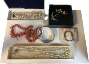 A Selection of jewellery; Vintage coral necklace with sterling silver clasp, London silver bangle,