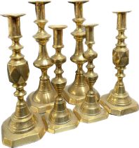 Three pairs of antique brass candle sticks; Pair of Diamond Princess candlesticks [Tallest- 31cm ]