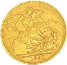 Queen Victoria 1891 full sovereign gold coin.