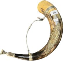 Antique Hunting horn, Fitted with a wreath cartouche showing Initials 'AOF' [37CM WIDEST POINTS]