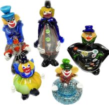 A Lot of five Murano art glass clown figure sculptures; Two clown dishes and three varying sized