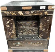 Antique Chinese wood and Lacquered jewel box; Lift up top section, four centre drawers, pull side