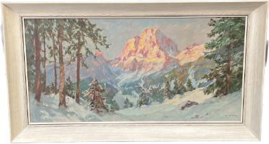 Oil painting on canvas depicting snowy mountain scape, Signed R. Yerson. Fitted within a vintage