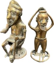 Two African Tribal Bronze sculpture figures. Seated figure holding a drinking horn and pipe in the