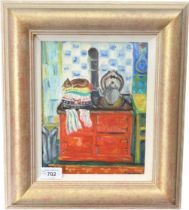 Francis J. MacDonald Oil painting on canvas titled 'Cosy Cat on a Red Aga' fitted within a