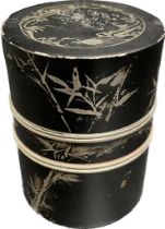 A Chinese silvered and black enamelled spice caddy with character signature to base.