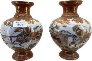 A Pair of Antique Japanese panel painted vases depicting figures on horseback- racing. Signed to the