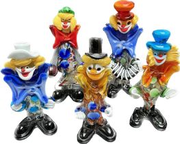 A Lot of five varying sized Murano art glass clown figure sculptures.