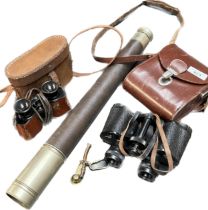 Various binoculars and scope; Ross. London pull scope, Noctovist binoculars, Chevalier Paris
