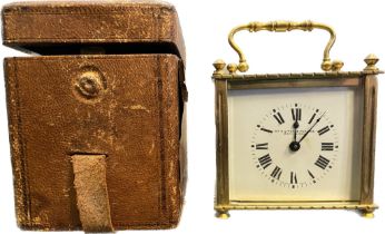 Antique Brass carriage clock with travel case. Hamilton & Inches Edinburgh. Single barrel movement.