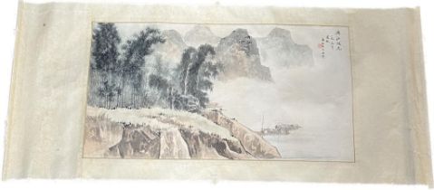 Chinese Hand painted scroll depicting mountain and water scape. Signed by the artist. [95x44cm]