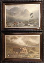 A Pair of Scottish paintings depicting Highland cows grazing and Stags/Deer in a river/landscape,