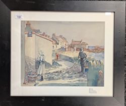 Framed watercolour depicting fisherman unravelling his net at harbour, signed [unreadable] [Frame