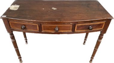 19th century mahogany console table; bow front top section leading to three under drawers and raised