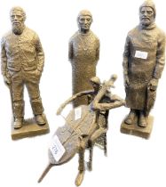 Various bronzed and bronze figural sculptures. Three bronzed effect figures and Bronze cello player.