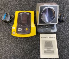Two vintage hand held consoles; Puck Monster and Astro Wars