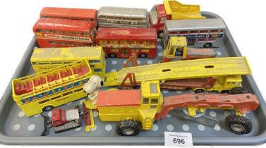 Tray of playworn vehicles; Matchbox and Dinky models- double decker buses and snoopy figure